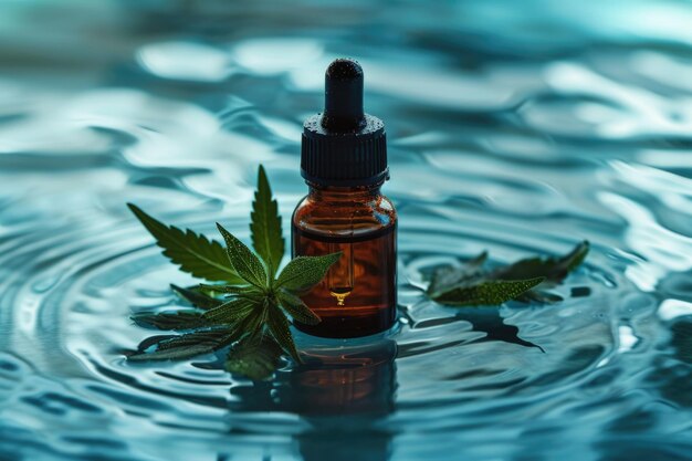 A dropper bottle possibly with hemp oil rests on a rippling waterlike surface Four cannabislike green leaves frame it Blue refreshing background