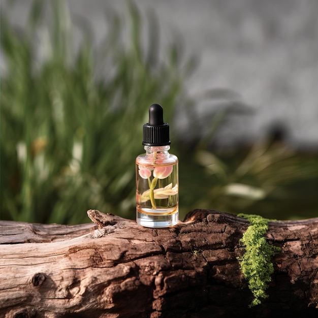 Dropper bottle styled mockup cosmetic serum oil container template on botanical background with wood
