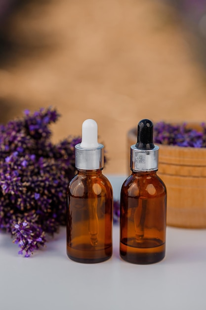 Dropper bottle with lavender cosmetic oil or hydrolate against lavender flowers field as background with copy space Herbal cosmetics and modern apothecary concept