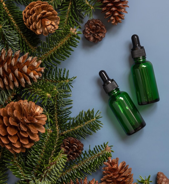 Dropper Bottles near fir branches and pine cones on blue top view Brand packaging mockup