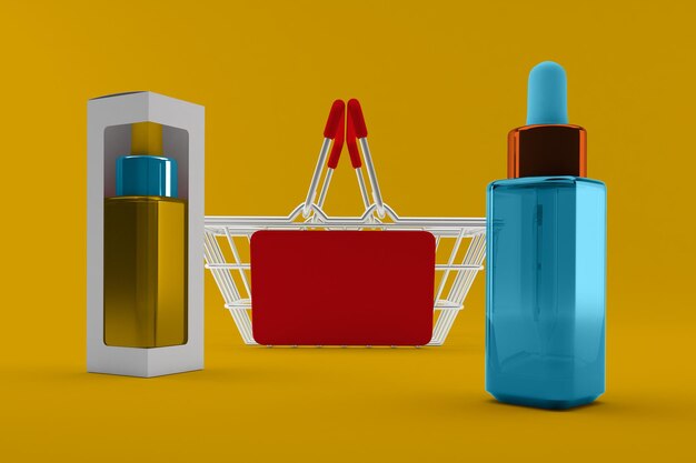 Dropper Bottles and Shopping Basket Front Side In Yellow Background