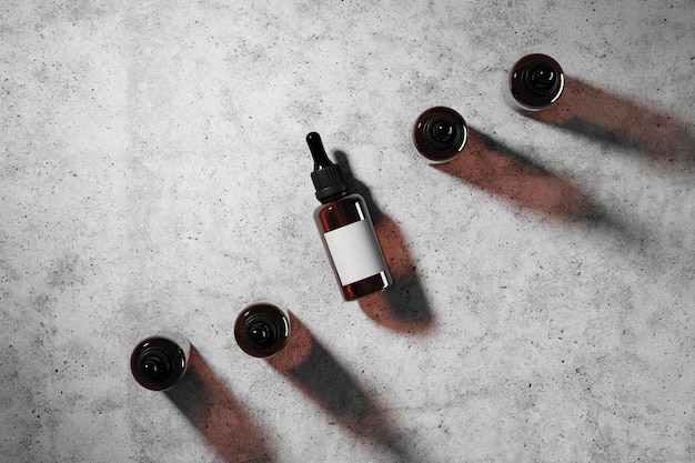 Косметический макет капельницы из пяти бутылок на земле, цемент, абстрактный фон для косметической презентации, 3D-рендеринг
