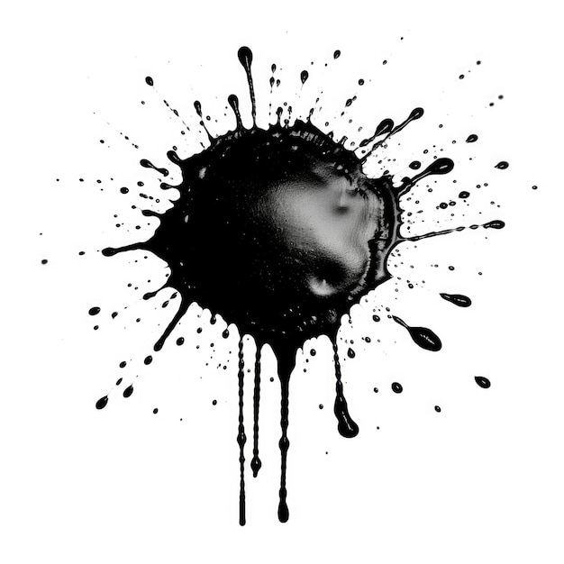 Drops of black paint isolated on white background Ink splashes and blot closeup