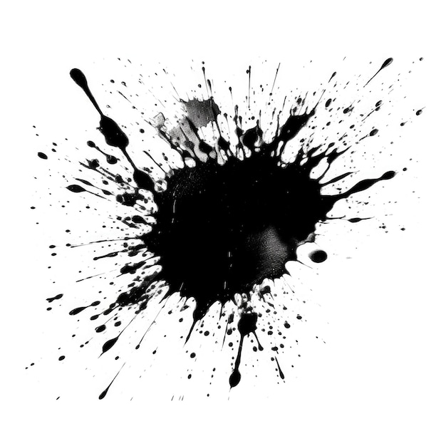 Drops of black paint isolated on white background Ink splashes and blot closeup