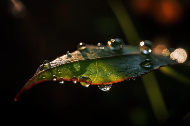 Drops of clean transparent water on leaf Spring summer natural background Generative AI