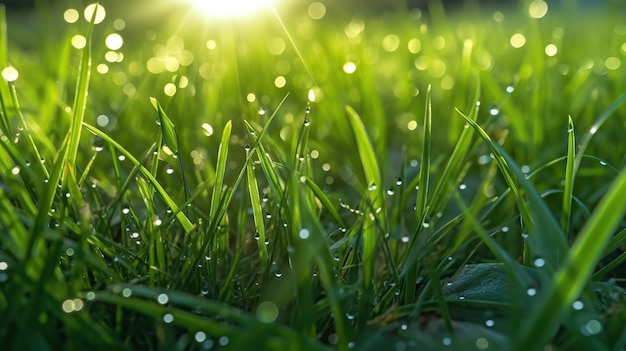 Drops of dew on green grass Generative AI