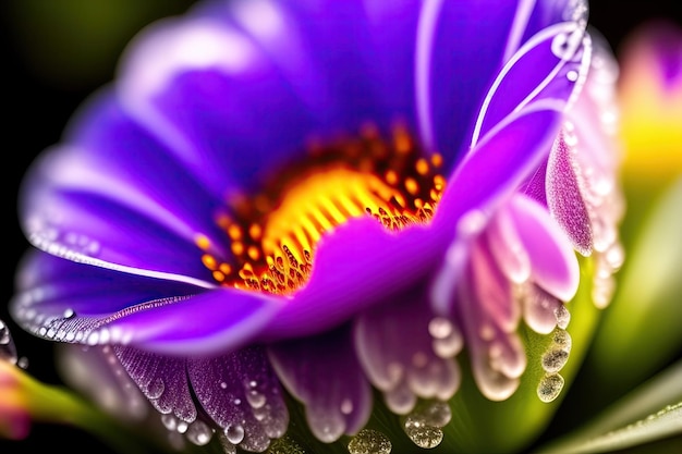 Drops of dew on a purple flower leaf closeup