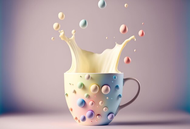 Drops of milk over a cup Splash of milkshake thick liquid cream colorful balls Abstract pastel background 3D rendering AI generated