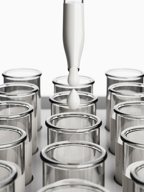 Photo drops of milk in a tube science research or milk test 3d rendering