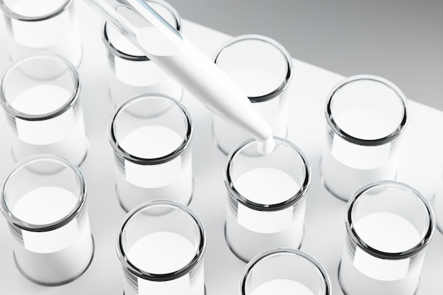 Photo drops of milk in a tube science research or milk test 3d rendering