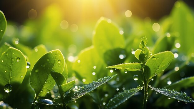 Drops of morning dew and ladybug on young juicy foliage