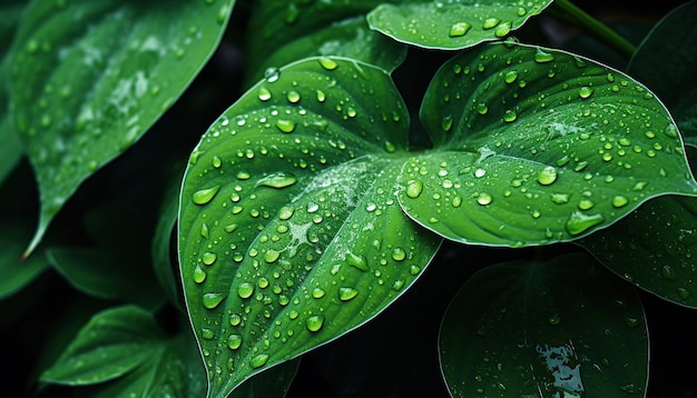 Drops of pure transparent water on the leaves Sun glare in a drop Image in green tones spring summer