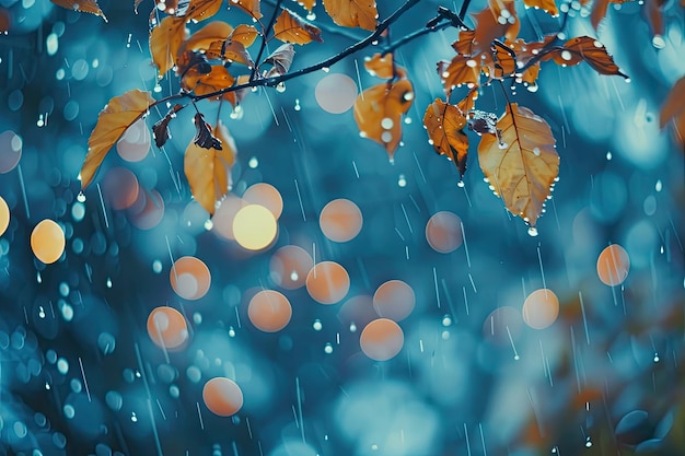 Drops Of Rain On Blue Glass Background Street Bokeh Lights Out Of Focus Autumn Abstract Backdrop