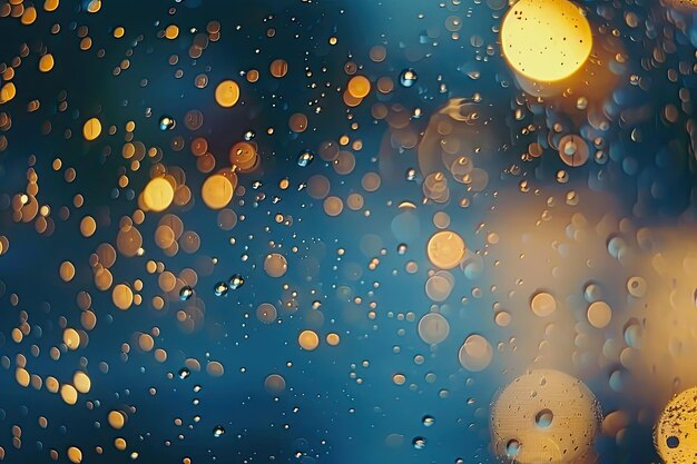 Drops Of Rain On Blue Glass Background Street Bokeh Lights Out Of Focus Autumn Abstract Backdrop