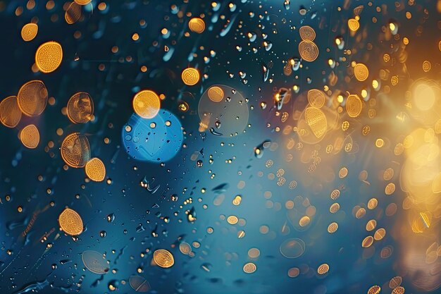 青いガラスの背景の雨の滴 ストリート ボケ 焦点の外のライト 秋の抽象的な背景