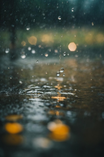 Photo drops of rain on the window with bokeh background