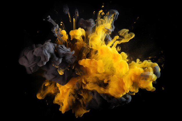 drops and splashes of black and yellows paints on a black background generative AI