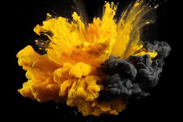 Drops and splashes of blew up black and yellows paints on a black background generative AI