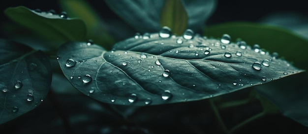 Drops of transparent rain water on a green leaf macro AI Generated Image