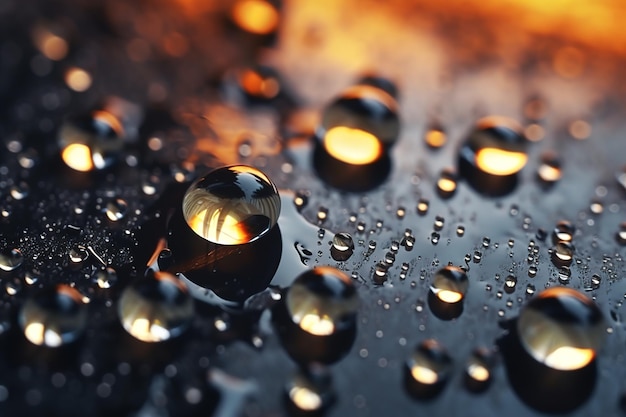 Drops of water on a dark shiny surface Generated by AI