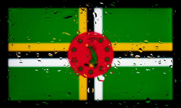 Drops of water on Dominica flag background Shallow depth of field Selective focus Toned