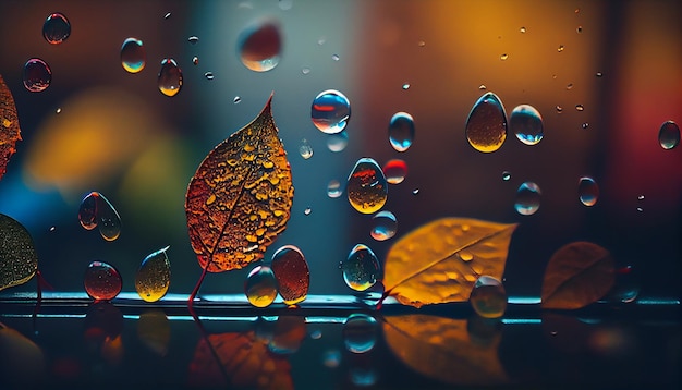 Капли воды на стекле с осенними листьями крупным планом