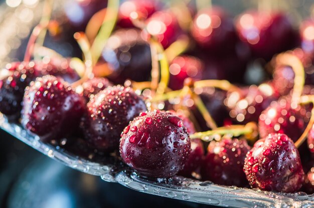 Drops of water on the surface of berries Macro background