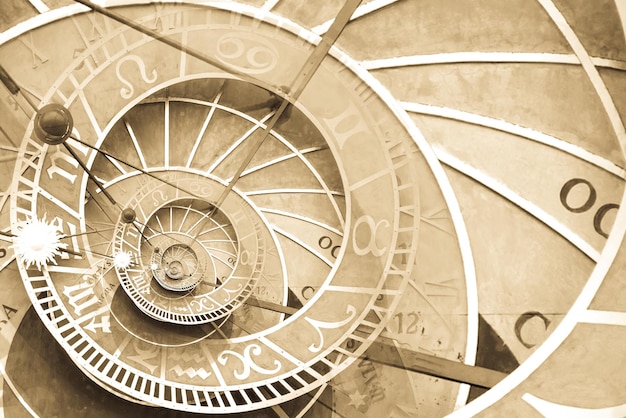 Foto sfondo effetto droste basato sull'orologio astronomico di praga disegno astratto per concetti relativi all'astrologia e alla fantasia