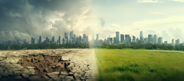 干ばつと裂け目地と都市風景のパノラマ 地球温暖化の概念
