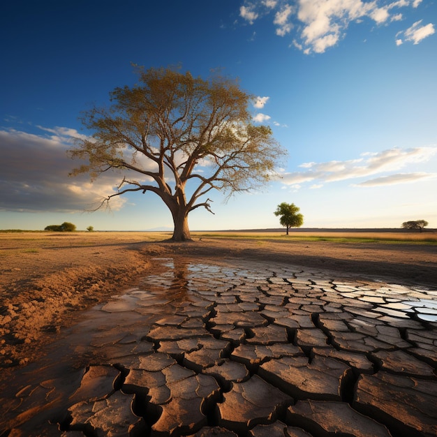 가뭄에 시달리는 토양은 기후 변화를 묘사하는 외로운 나무를 품습니다. 물 부족 영향 For Social M