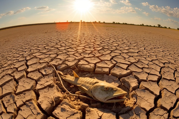 Foto la siccità, il sole che brucia nei campi di riso, un solo pesce morto.