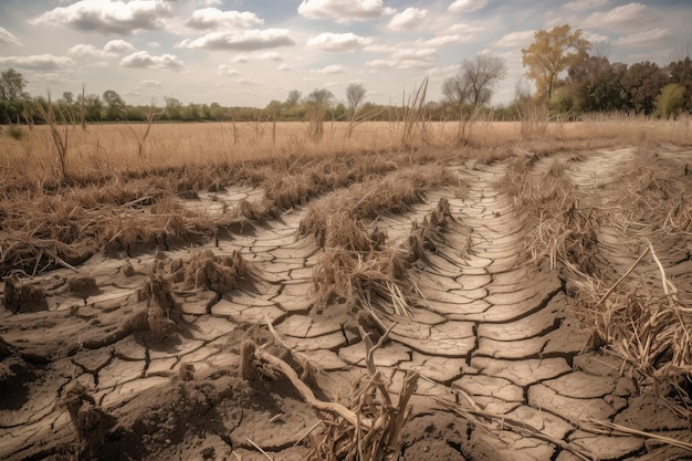 Droughtstricken field with dried crops and cracked ground created with generative ai