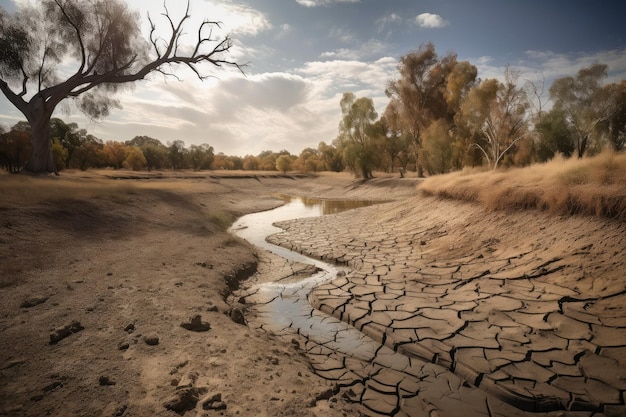 Droughtstricken landscape with dried up river and cracked earth created with generative ai