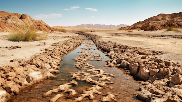 Photo droughtstricken landscape with dried up river generative ai