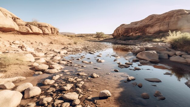 Photo droughtstricken landscape with dried up river generative ai