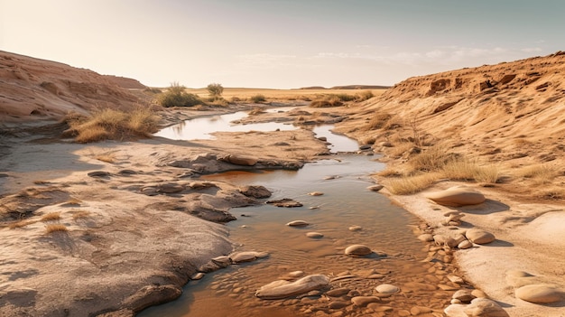 Droughtstricken landscape with dried up river Generative AI