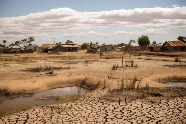 생성 AI로 생성된 메마른 호수와 갈라진 땅이 있는 가뭄에 시달리는 마을