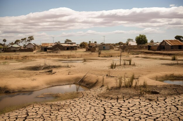 生成 AI で作成された干ばつに見舞われた湖とひび割れた大地のある町