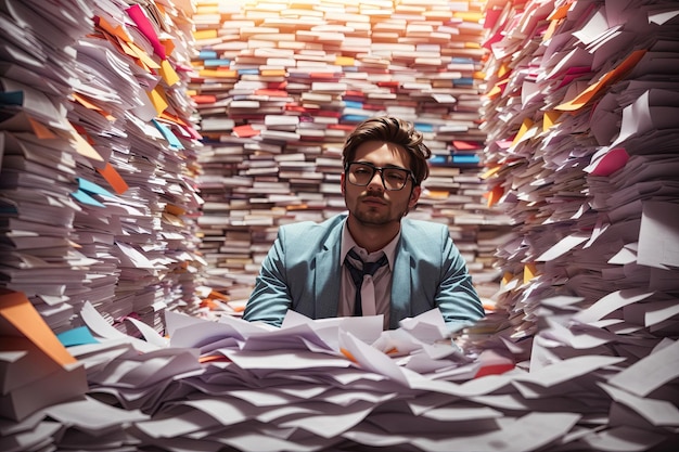 Photo drowning in paper work concept with person ai generative