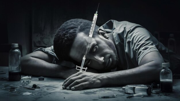 Drug addict man with a syringe and drugs addiction