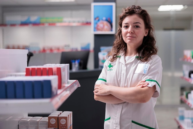 Druggist woman in medical uniform standing with arm crossed in pharmacy, waiting for clients. Pharmacist selling supplements, vitamin, pills, helping customer with healthcare. Medicine service