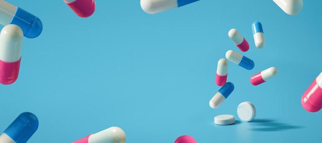 Drugs of medicijnenmedicine pillen en antibiotica achtergrond Ruimte voor tekst op een blauwe achtergrond