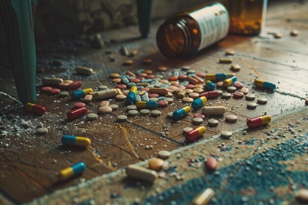 Drugs pills are cut and scattered on the floor