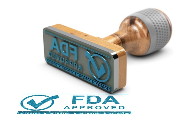 Photo drugs or products approval concept. rubber stamp with the text fda approved over white background. 3d illustration