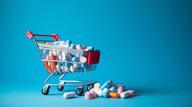 Drugs in shopping basket on blue background Creative pharmacy delivery of medicines