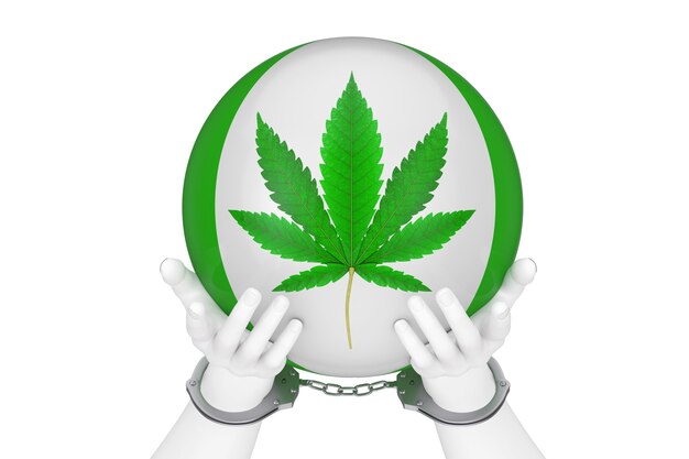 Drugscriminaliteit en wet Concept. Witte abstracte handen in handboeien en bal met medische marihuana of cannabis hennep blad teken op een witte achtergrond. 3D-rendering