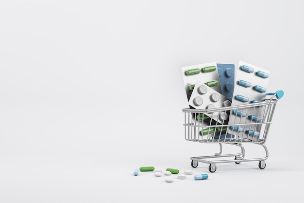 Drugshop en online apotheek concept met supermarkt trolley en assortiment medicijnen pillen op lichte blanke achtergrond Mock up