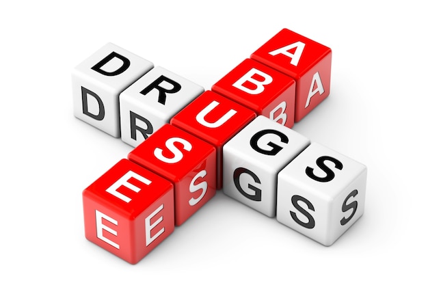 Drugsmisbruik ondertekenen als kruiswoordraadsel kubus blokken op een witte achtergrond. 3d-rendering