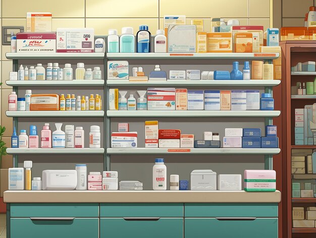 Photo drugstore shelf with product boxes