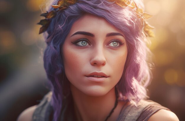 Druid purple hair at sunset Female model Generate Ai